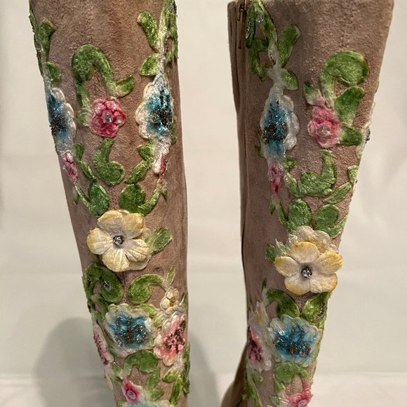 Newport News Easy Style Shoes - NewPort News Easy Style Tan Suede Upcycled Embroidered Knee Boots